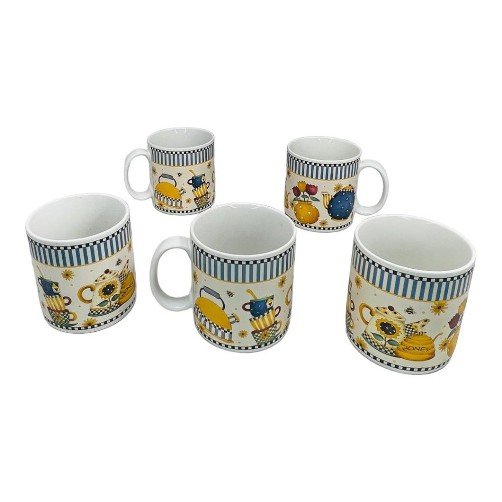 Sakura Vintage 1998 "Teapots" Stoneware Mugs Set of 5 by Debbie Mumm